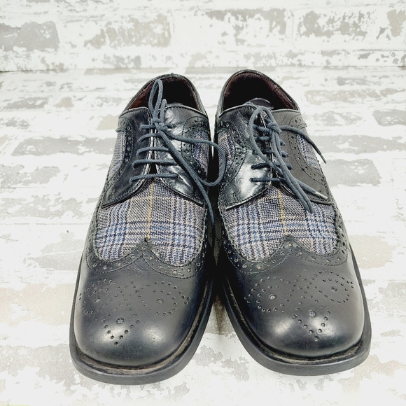 Kenneth Cole Reaction Mixed Wingtip Plaid Fabric Black Leather Oxfords O637 - Picture 3 of 12